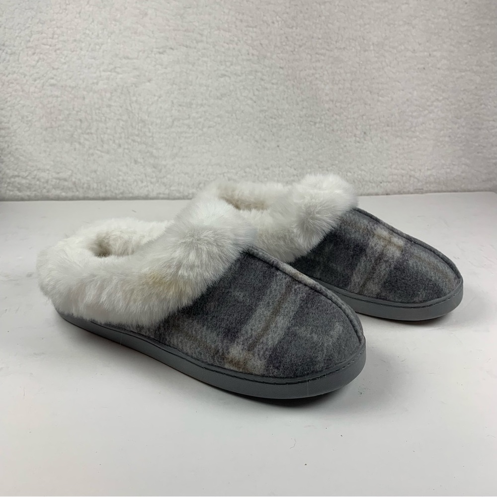 Comfort Code Plaid‎ Brushed Knit Faux Fur Lined Slipper Size 9-10 Gray 7786